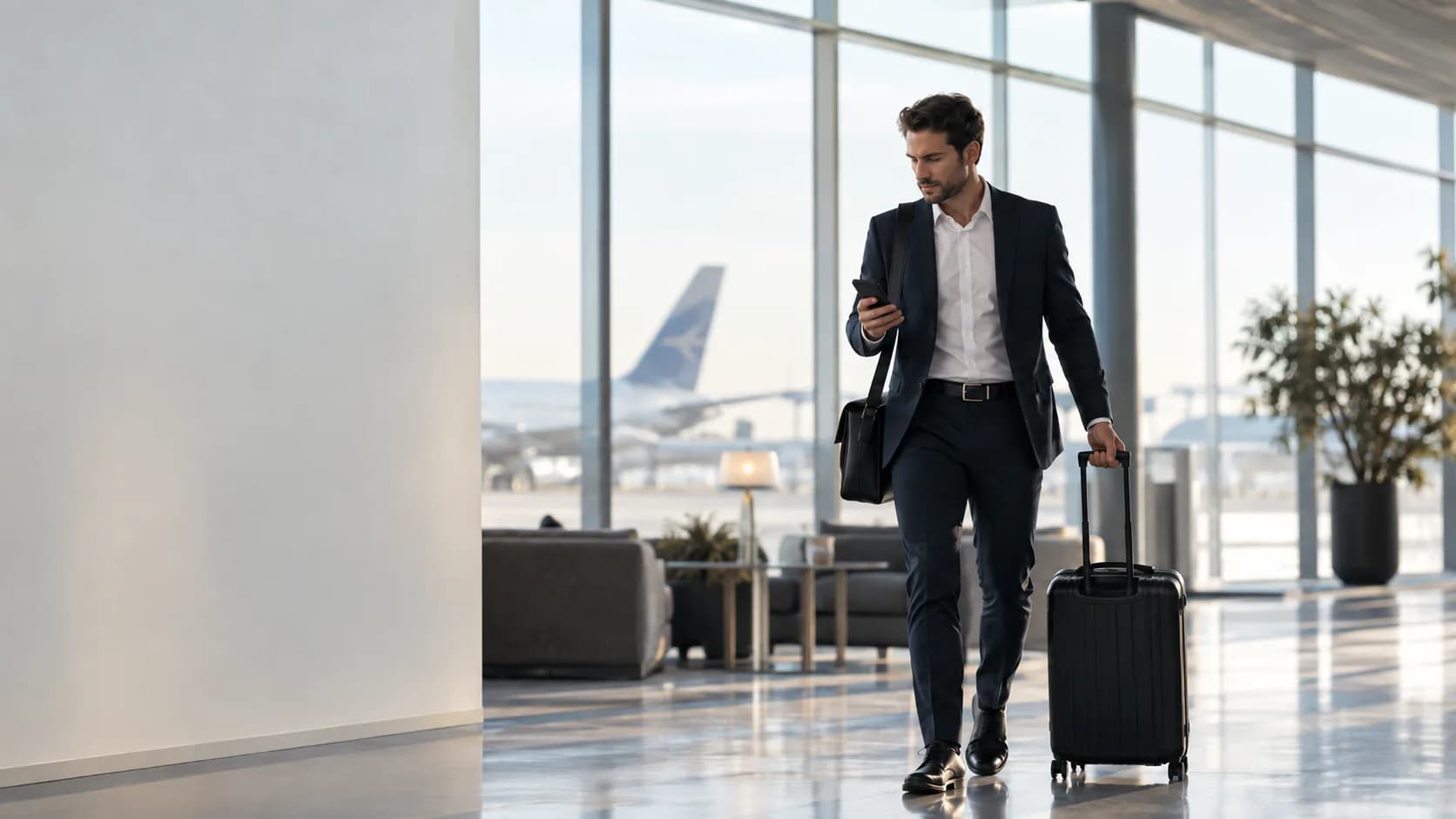 Business traveller walking through an airport terminal with a suitcase